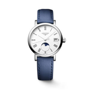 Longines, Elegant Collection Moonphase with a 30mm stainless steel case and a blue leather strap featuring a moonphase, date function and a white dial.