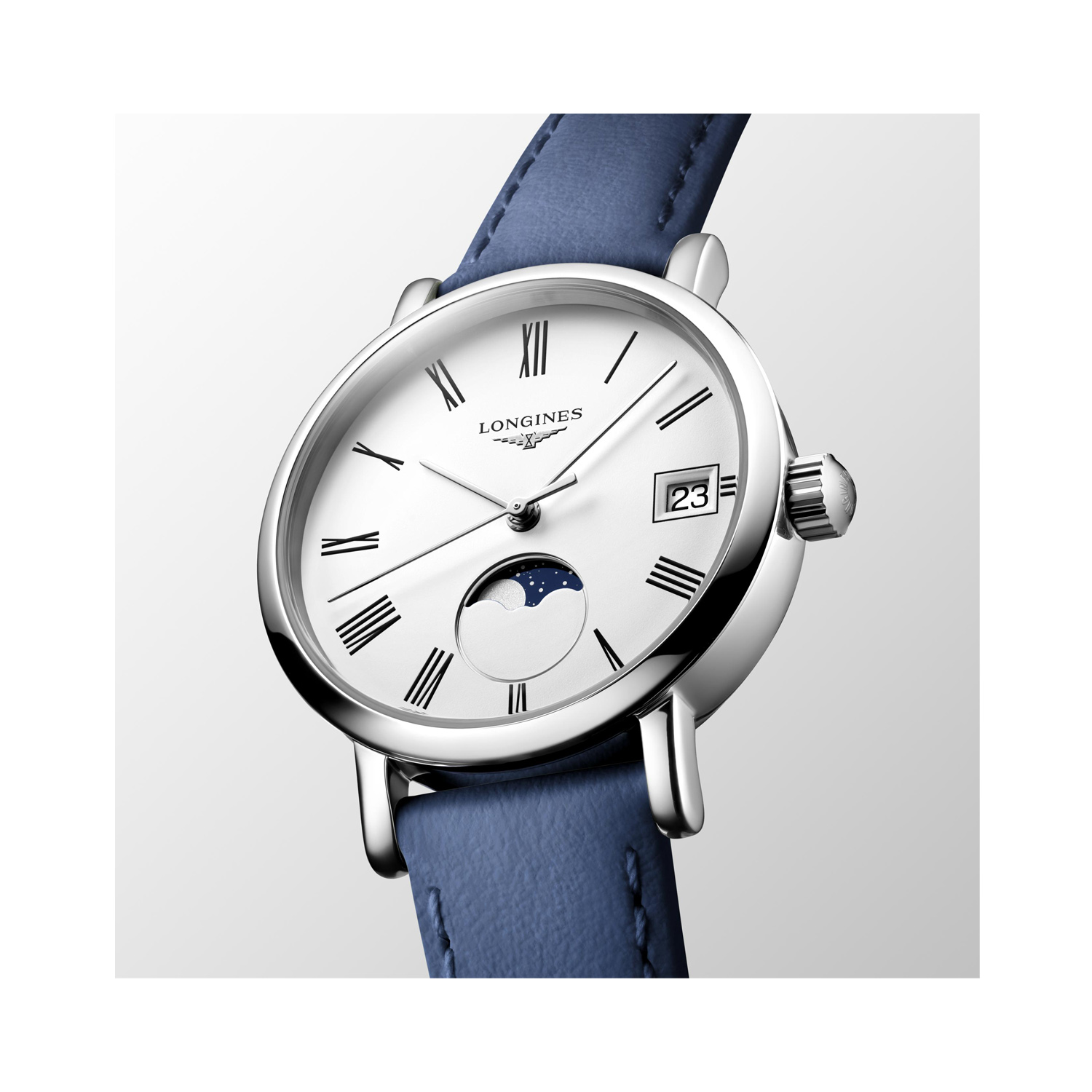 Longines, Elegant Collection Moonphase with a 30mm stainless steel case and a blue leather strap featuring a moonphase, date function and a white dial.