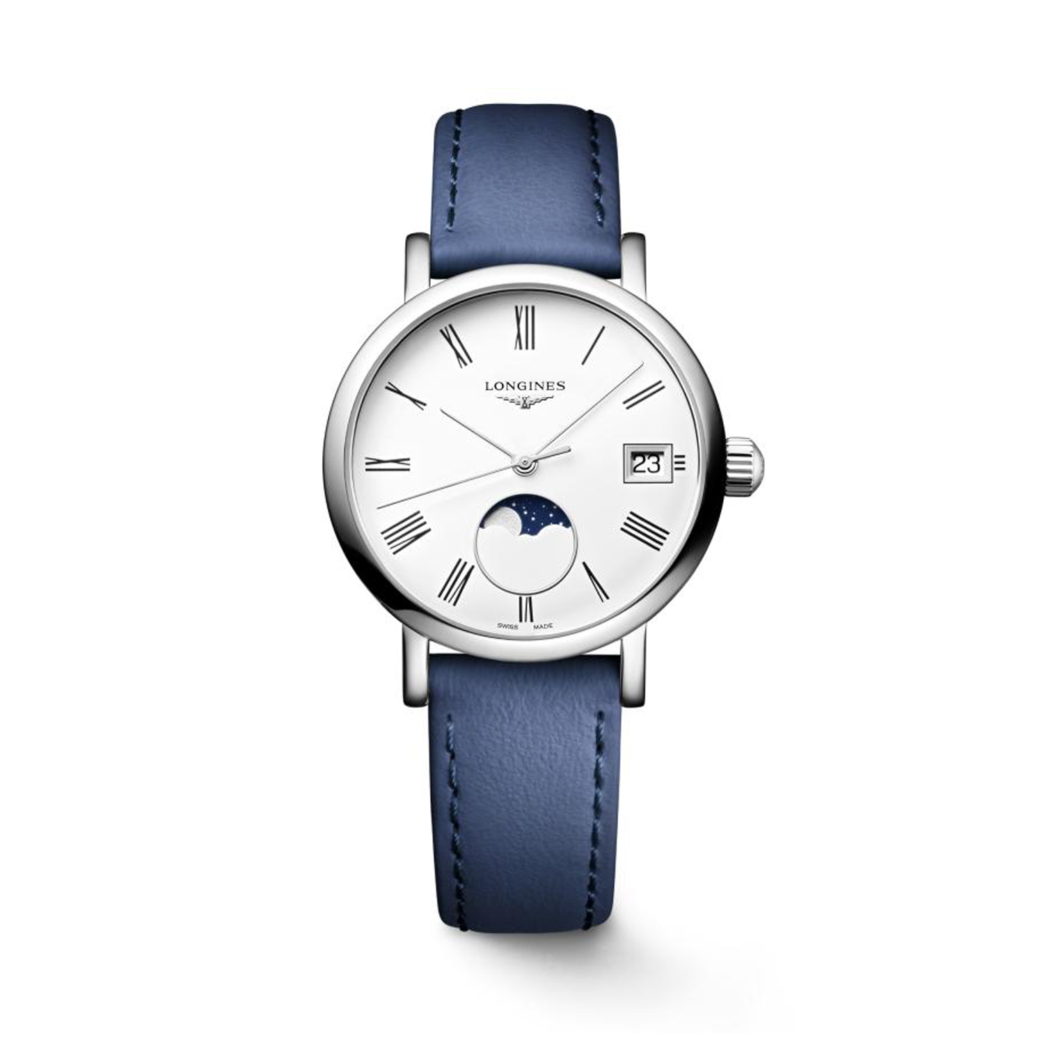 Longines, Elegant Collection Moonphase with a 30mm stainless steel case and a blue leather strap featuring a moonphase, date function and a white dial.