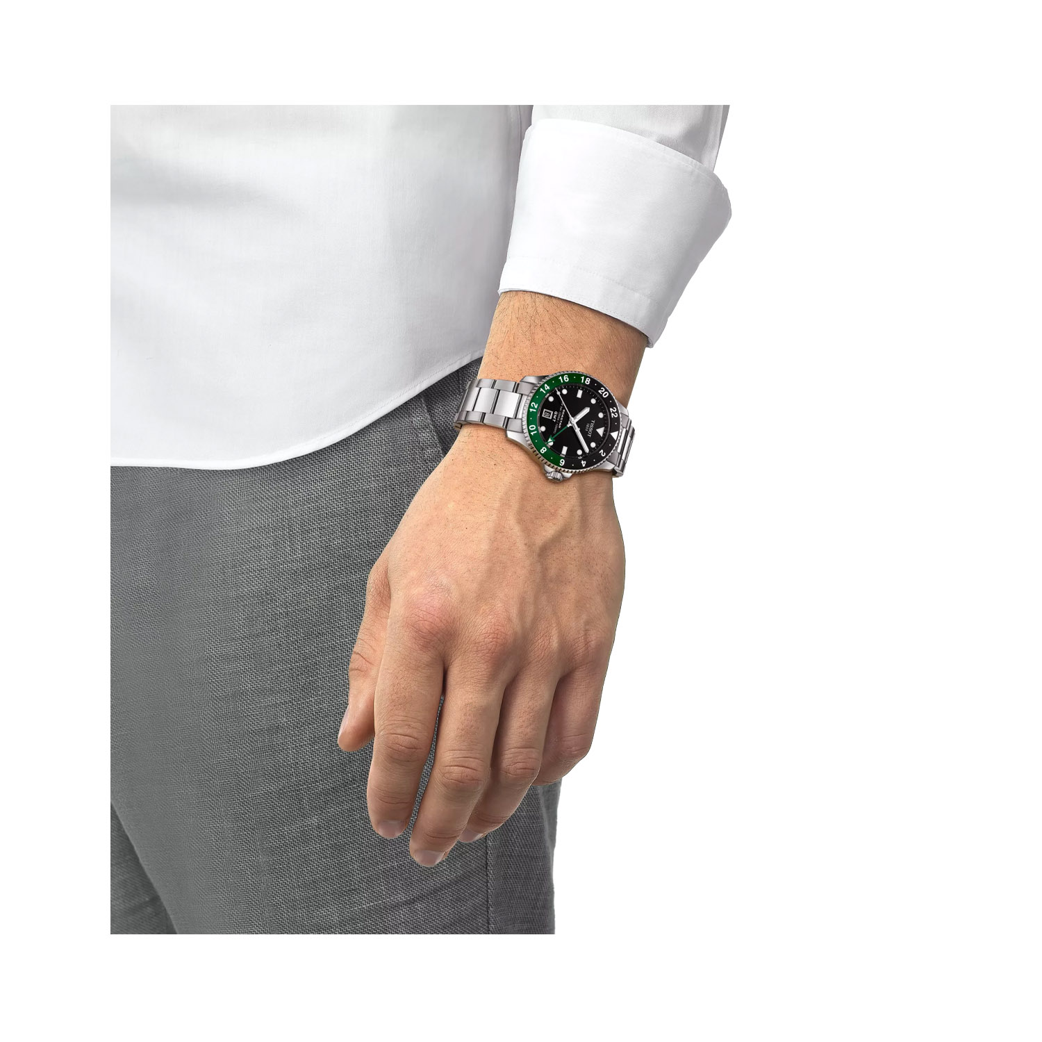 Tissot, Seastar 1000 GMT with a 40mm stainless steel case and bracelet strap featuring a date function and GMT complication with a black dial and a black and green bezel.