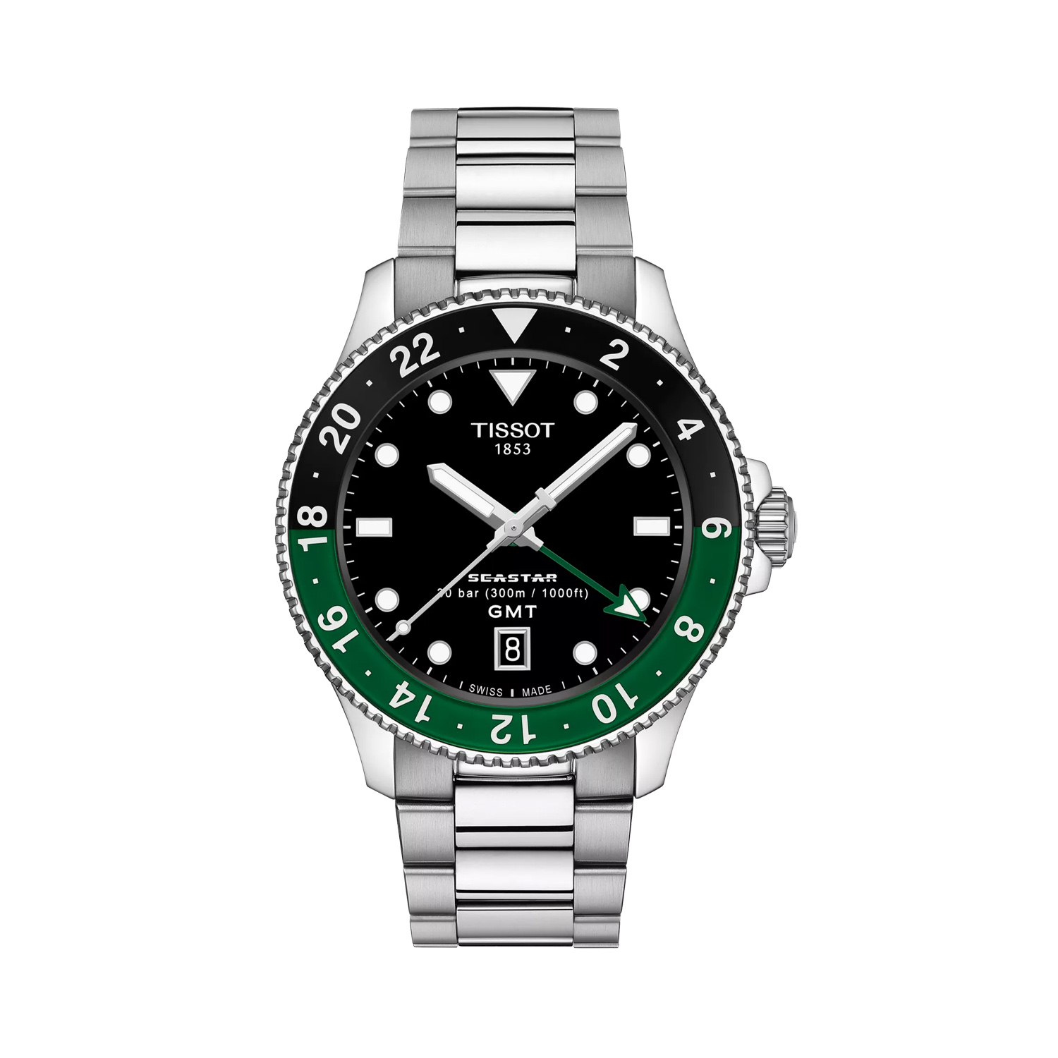 Tissot, Seastar 1000 GMT with a 40mm stainless steel case and bracelet strap featuring a date function and GMT complication with a black dial and a black and green bezel.