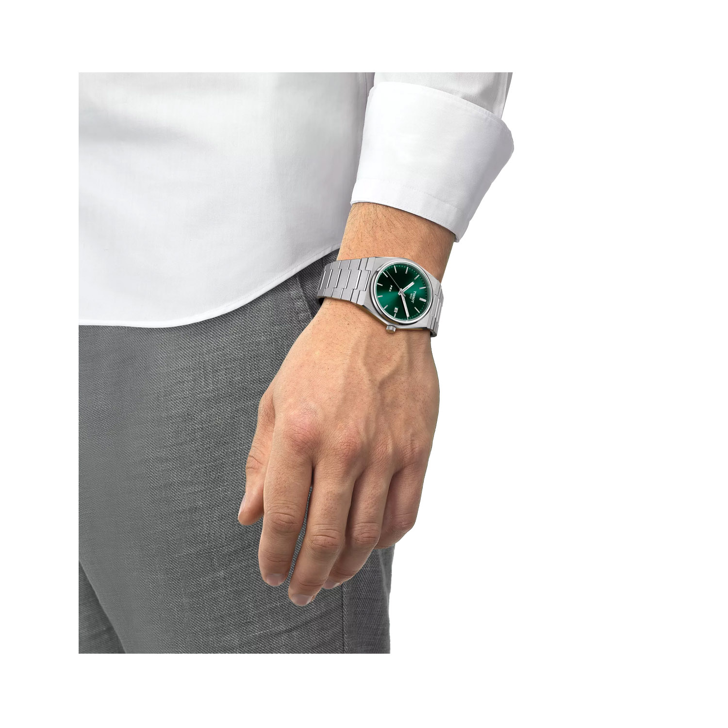 Tissot, PRX with a 40mm stainless steel case and bracelet strap featuring a date function and a green dial.