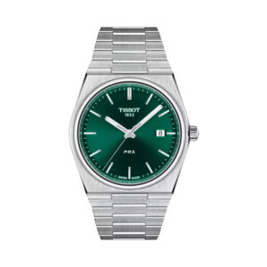 Tissot, PRX with a 40mm stainless steel case and bracelet strap featuring a date function and a green dial.