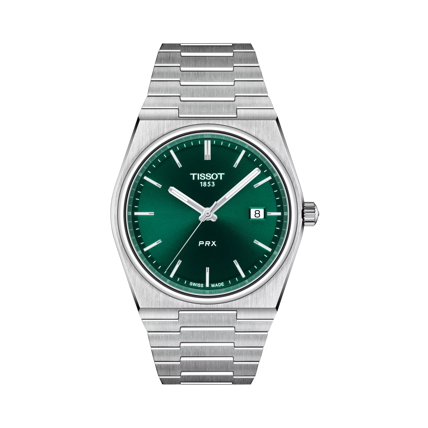 Tissot, PRX with a 40mm stainless steel case and bracelet strap featuring a date function and a green dial.