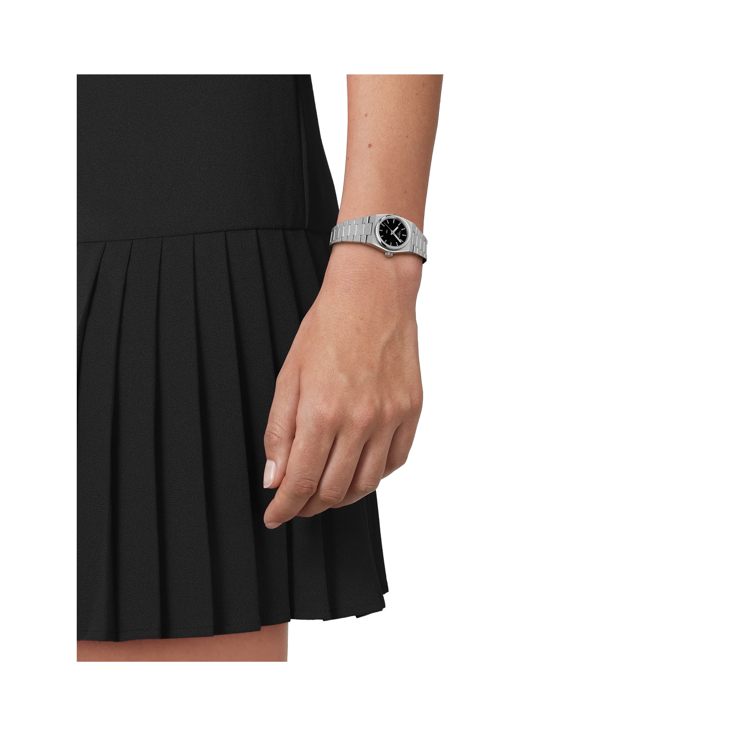 Tissot, PRX with a 25mm stainless steel case and bracelet strap featuring a black dial with diamond indexes.