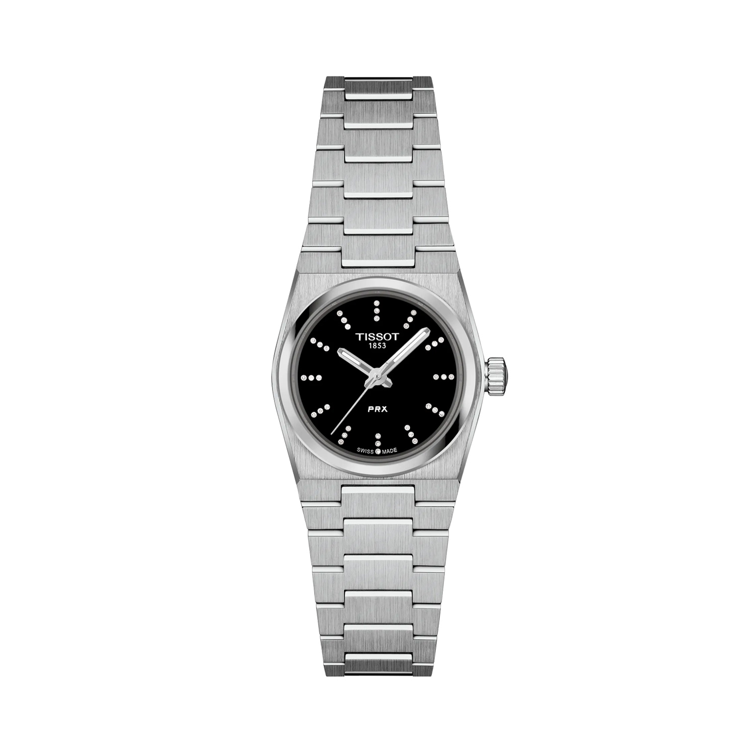 Tissot, PRX with a 25mm stainless steel case and bracelet strap featuring a black dial with diamond indexes.