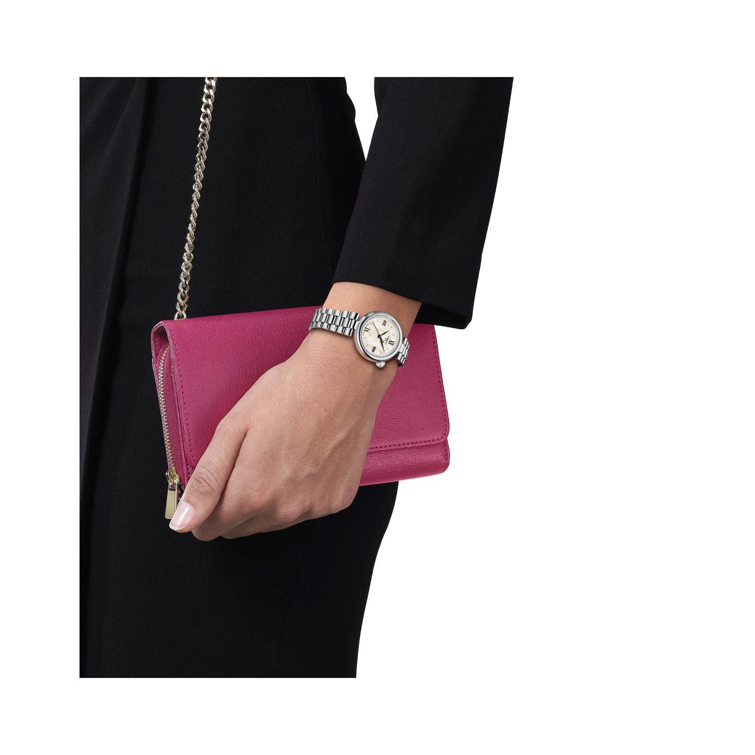 Tissot, Desir with a 28mm stainless steel case and bracelet strap featuring a white mother of pearl dial.