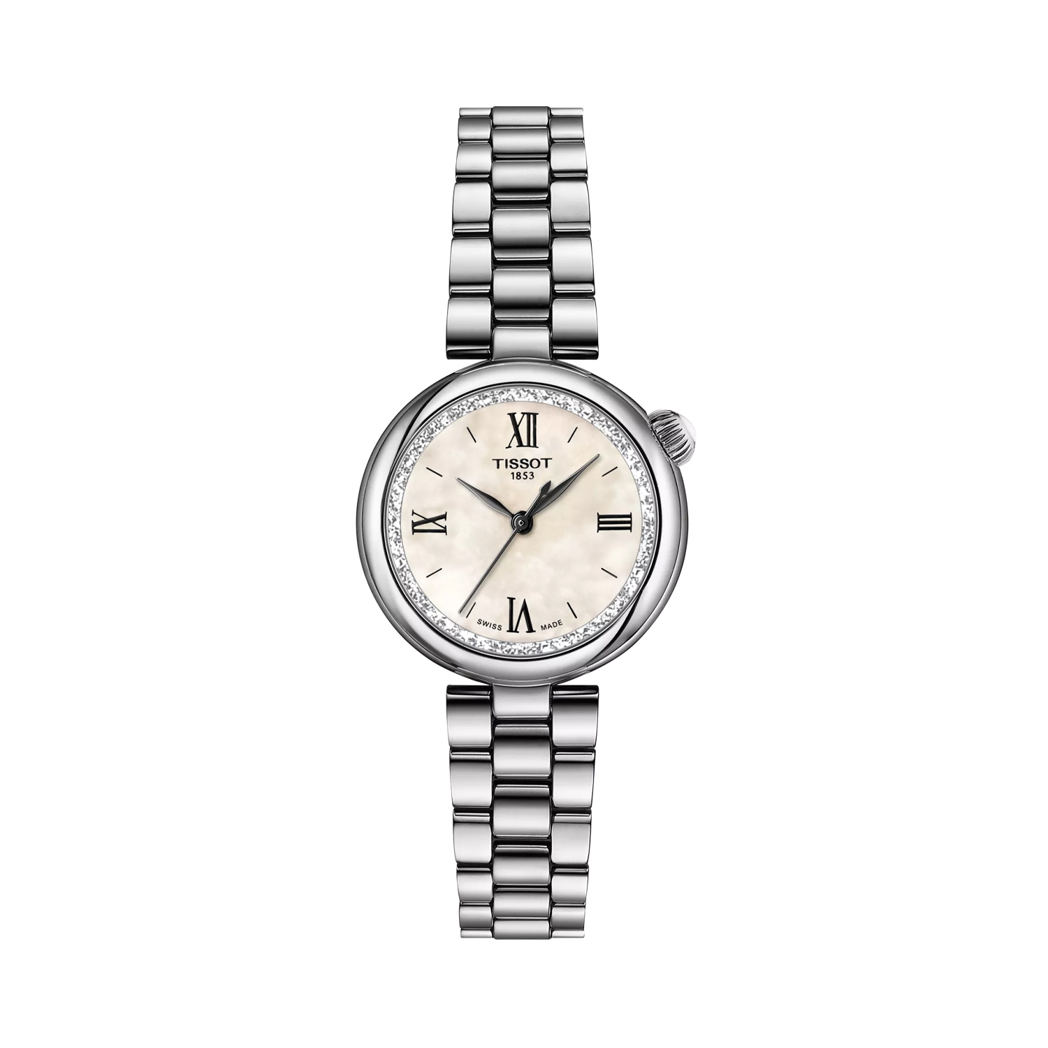 Tissot, Desir with a 28mm stainless steel case and bracelet strap featuring a white mother of pearl dial.