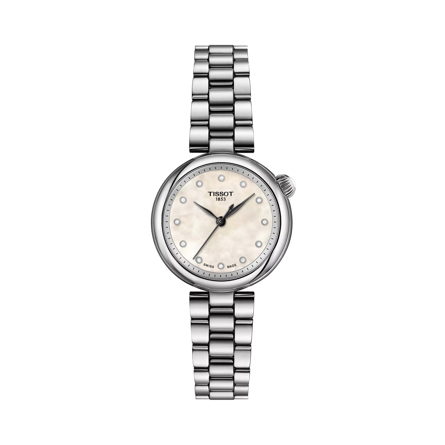 Tissot, Desir with a 28mm stainless steel case and bracelet strap featuring a white mother of pearl dial set with diamond indexes.