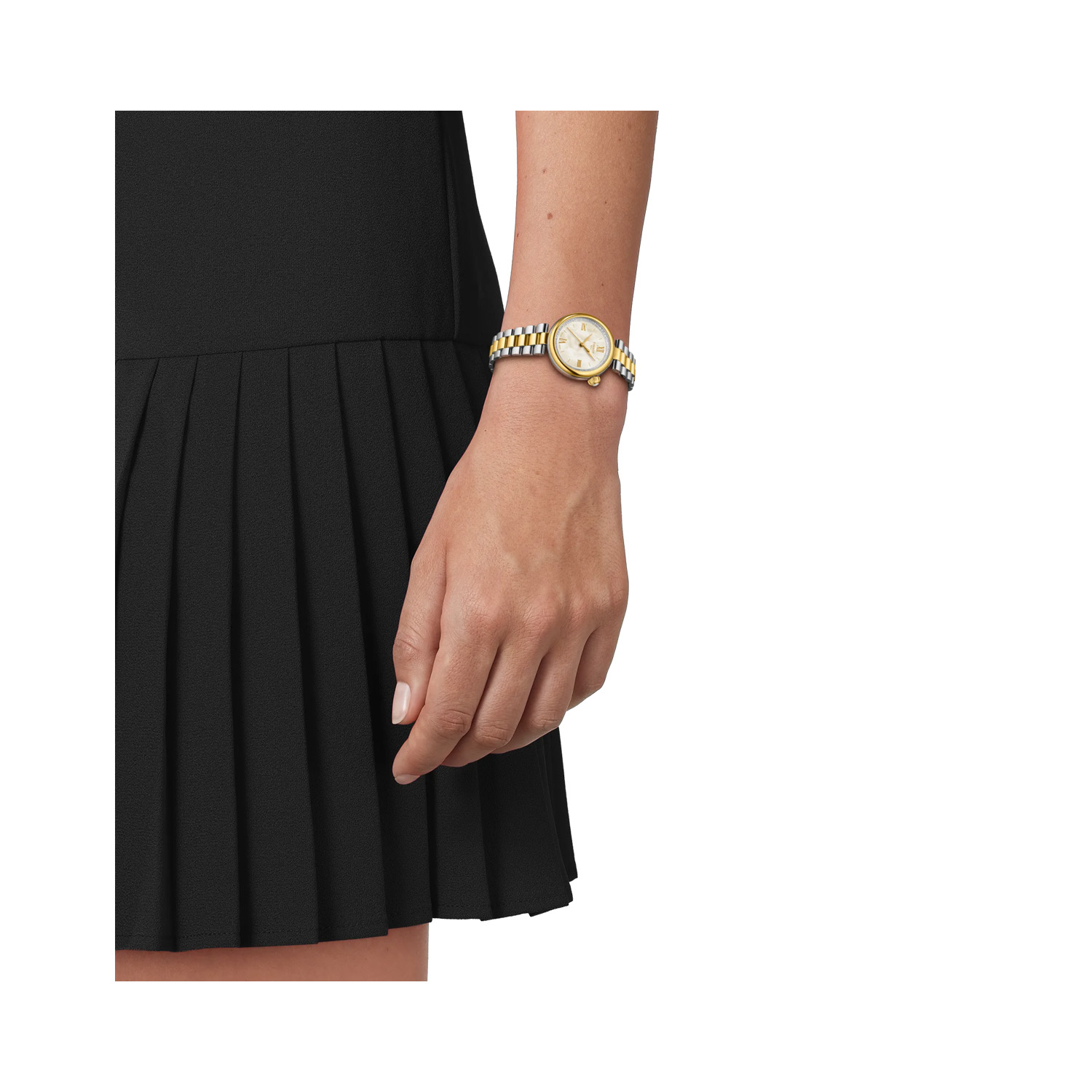 Tissot, Desir with a 28mm stainless steel and yellow gold PVD coated case and bracelet strap featuring a mother of pearl dial.