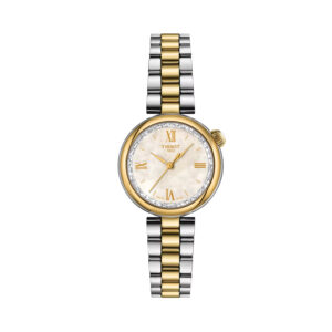 Tissot, Desir with a 28mm stainless steel and yellow gold PVD coated case and bracelet strap featuring a mother of pearl dial.