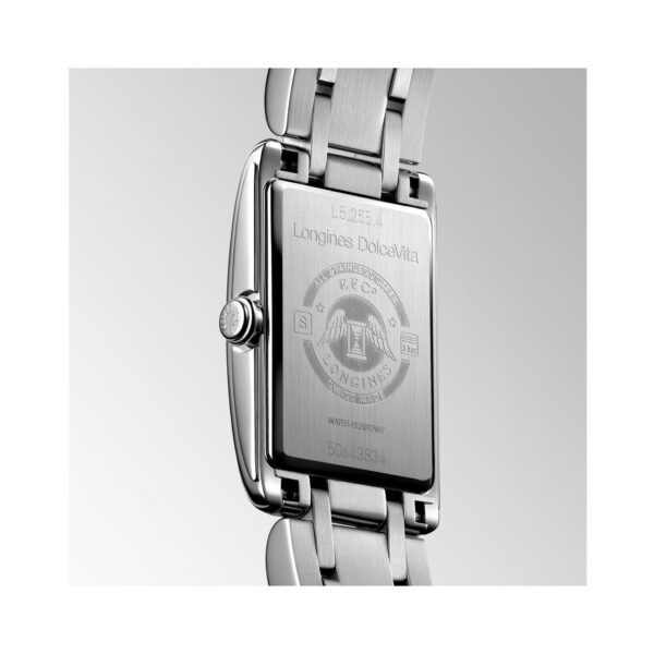Longines, DolceVita with a 20.8 x 32mm stainless steel dial and bracelet strap featuring a small seconds hand on a silver dial.