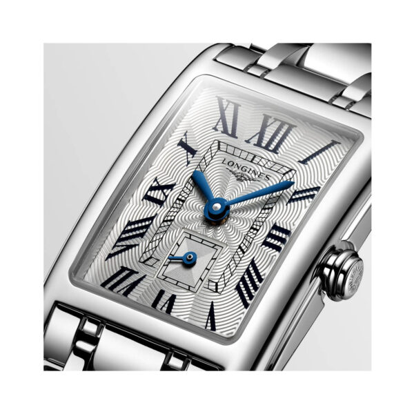 Longines, DolceVita with a 20.8 x 32mm stainless steel dial and bracelet strap featuring a small seconds hand on a silver dial.