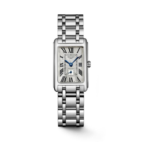 Longines, DolceVita with a 20.8 x 32mm stainless steel dial and bracelet strap featuring a small seconds hand on a silver dial.