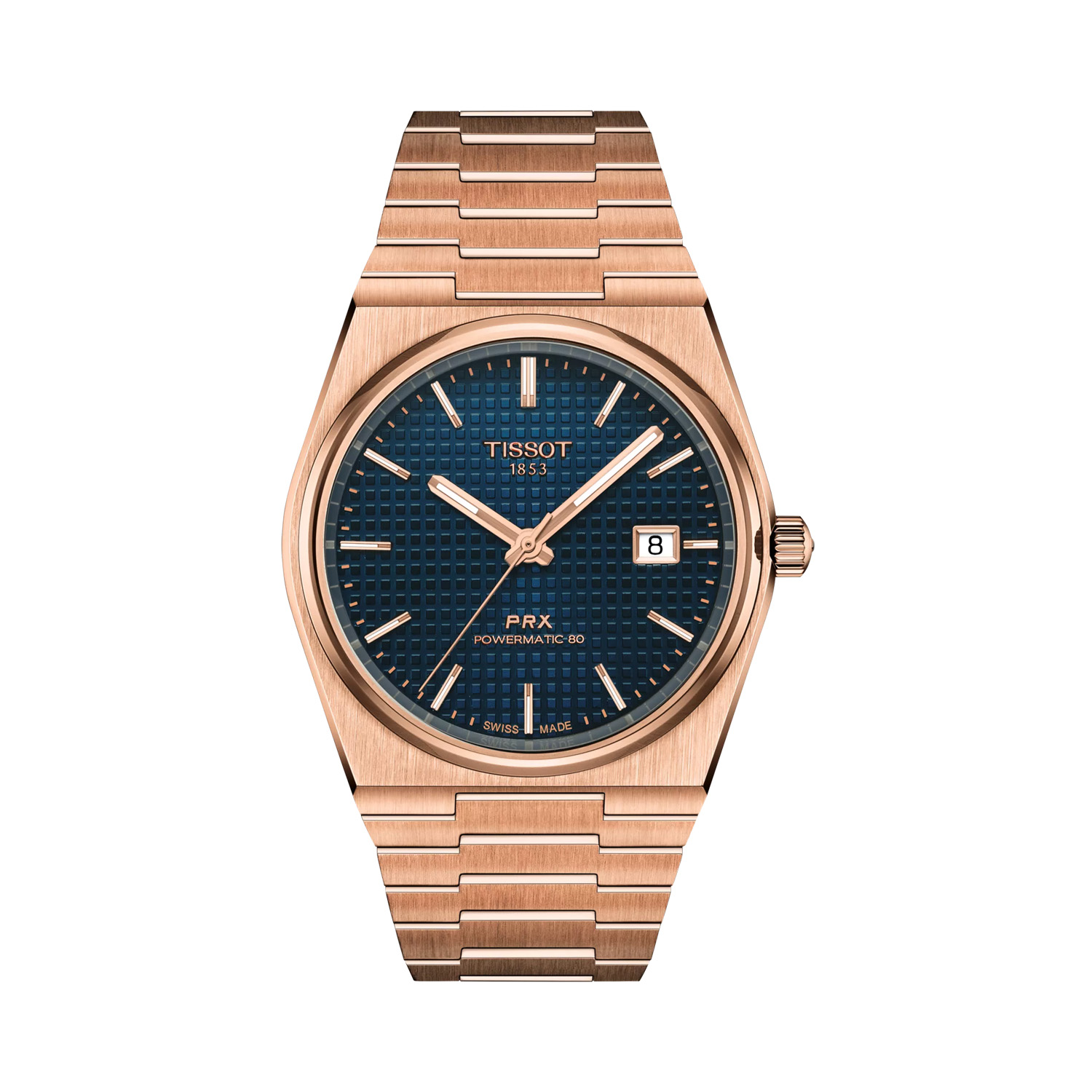 Tissot, PRX Powermatic 80 with a 40mm stainless steel and rose gold PVD coated case and bracelet strap featuring a date function and a blue dial.