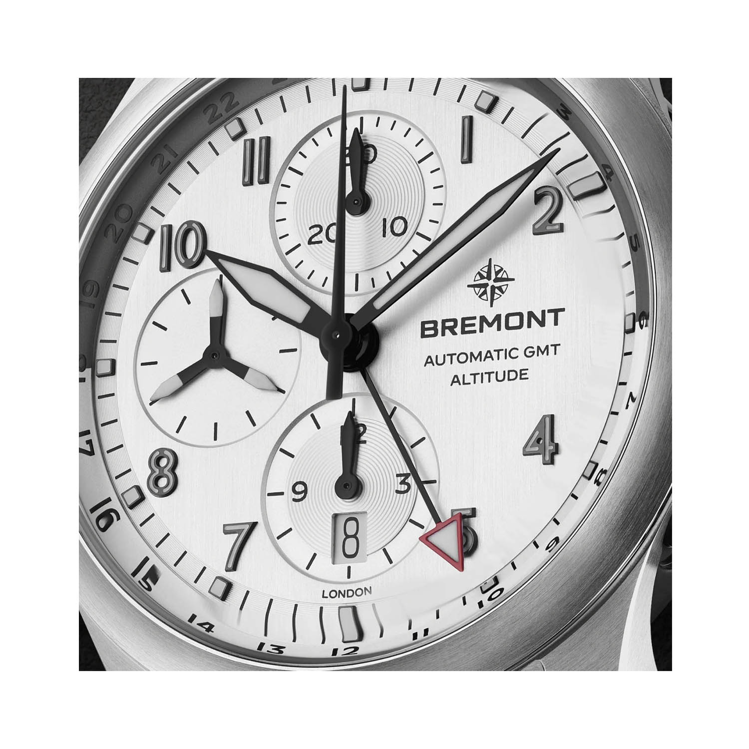 Bremont, Altitude Chronograph GMT with a 42mm stainless steel case and bracelet strap featuring a chronograph and a brushed silver dial.
