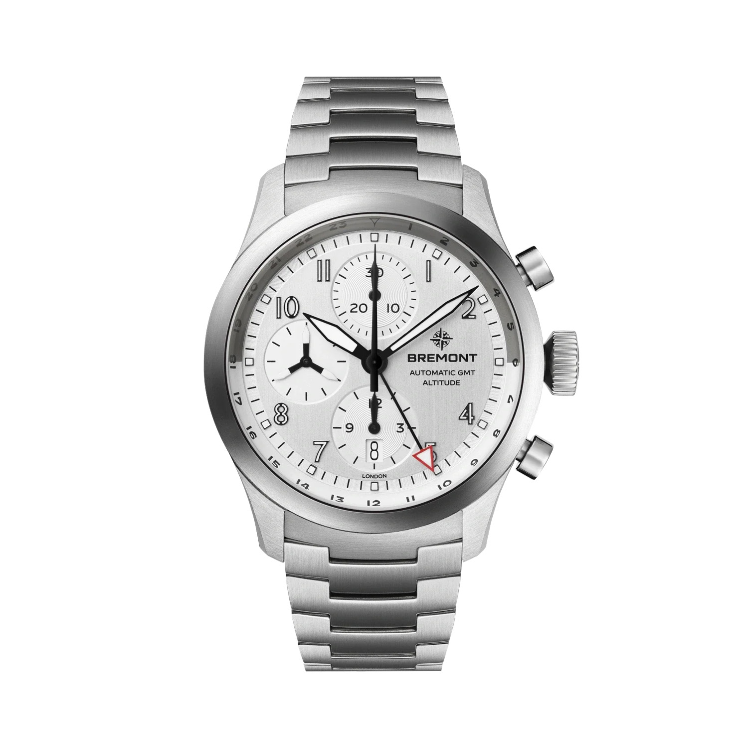 Bremont, Altitude Chronograph GMT with a 42mm stainless steel case and bracelet strap featuring a chronograph and a brushed silver dial.