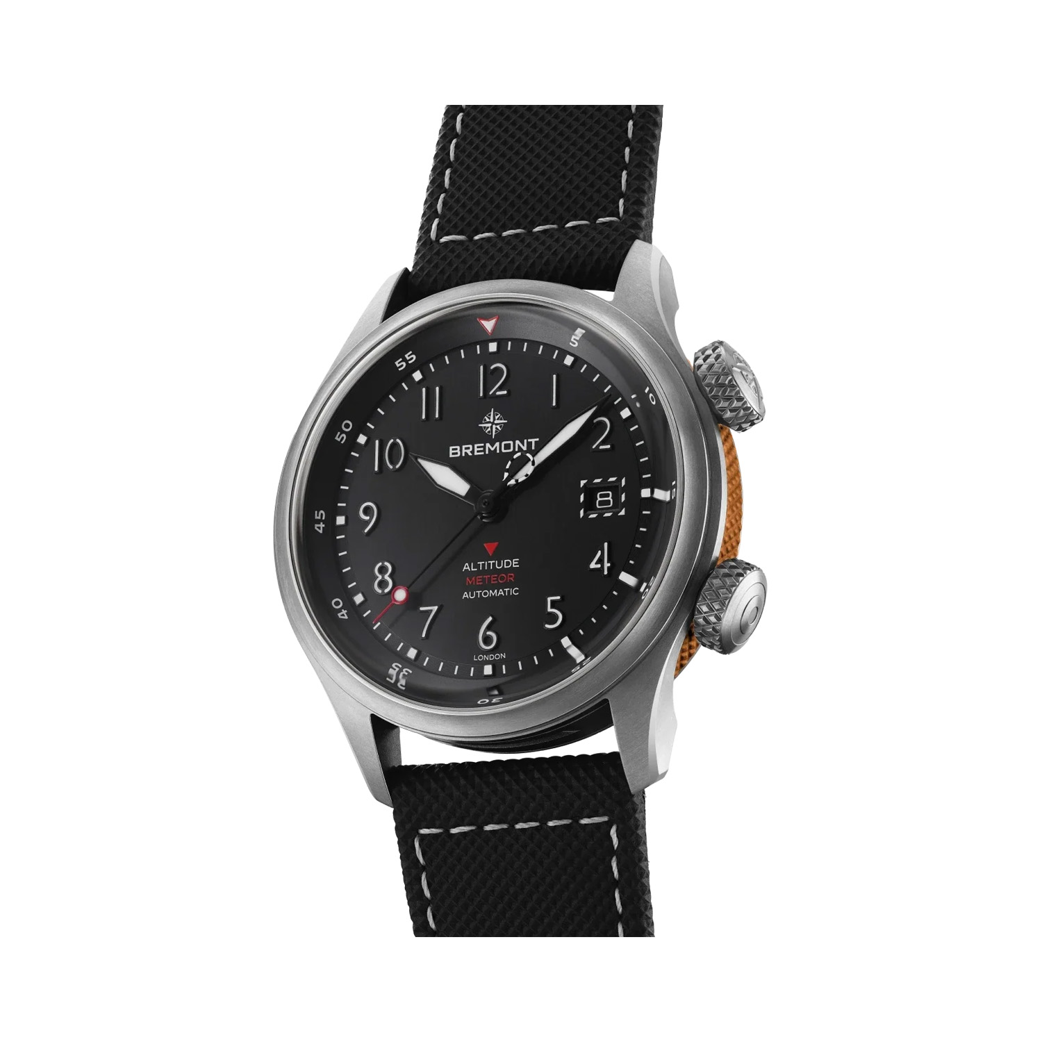 Bremont, Altitude MB Meteor with a 42mm titanium case and a black rubber strap featuring a date function, an orange barrel and a black dial.