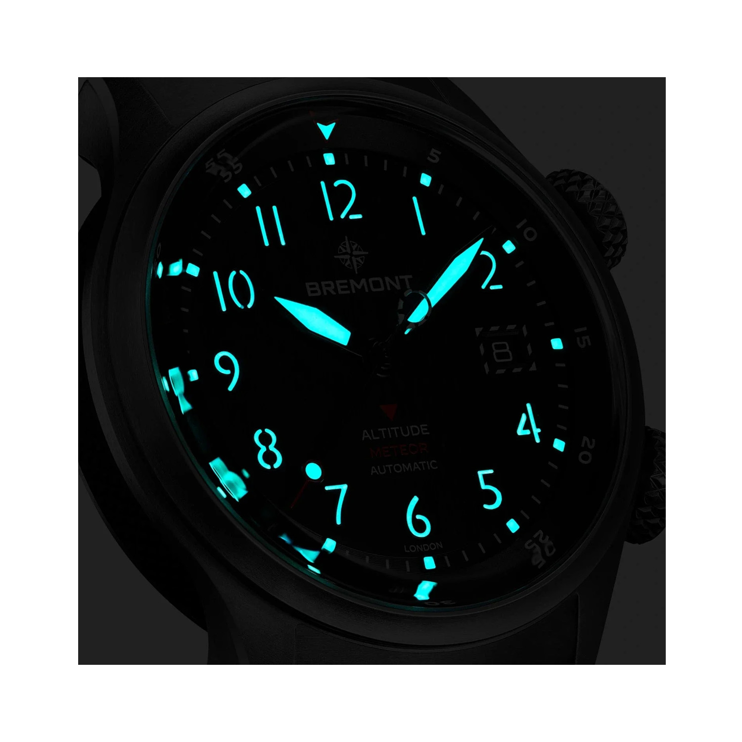 Bremont, Altitude MB Meteor with a 42mm titanium case and a black rubber strap featuring a date function, an orange barrel and a black dial.