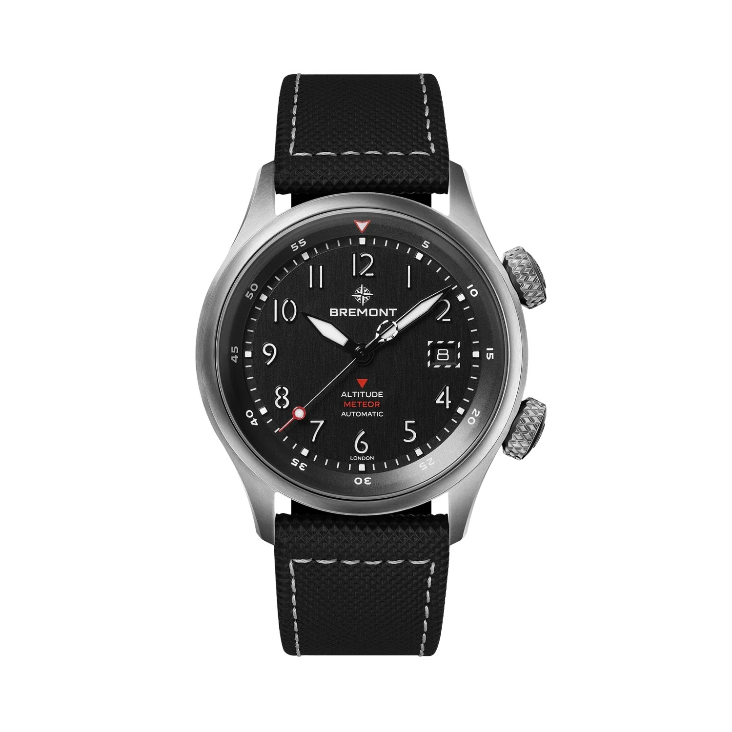 Bremont, Altitude MB Meteor with a 42mm titanium case and a black rubber strap featuring a date function, an orange barrel and a black dial.