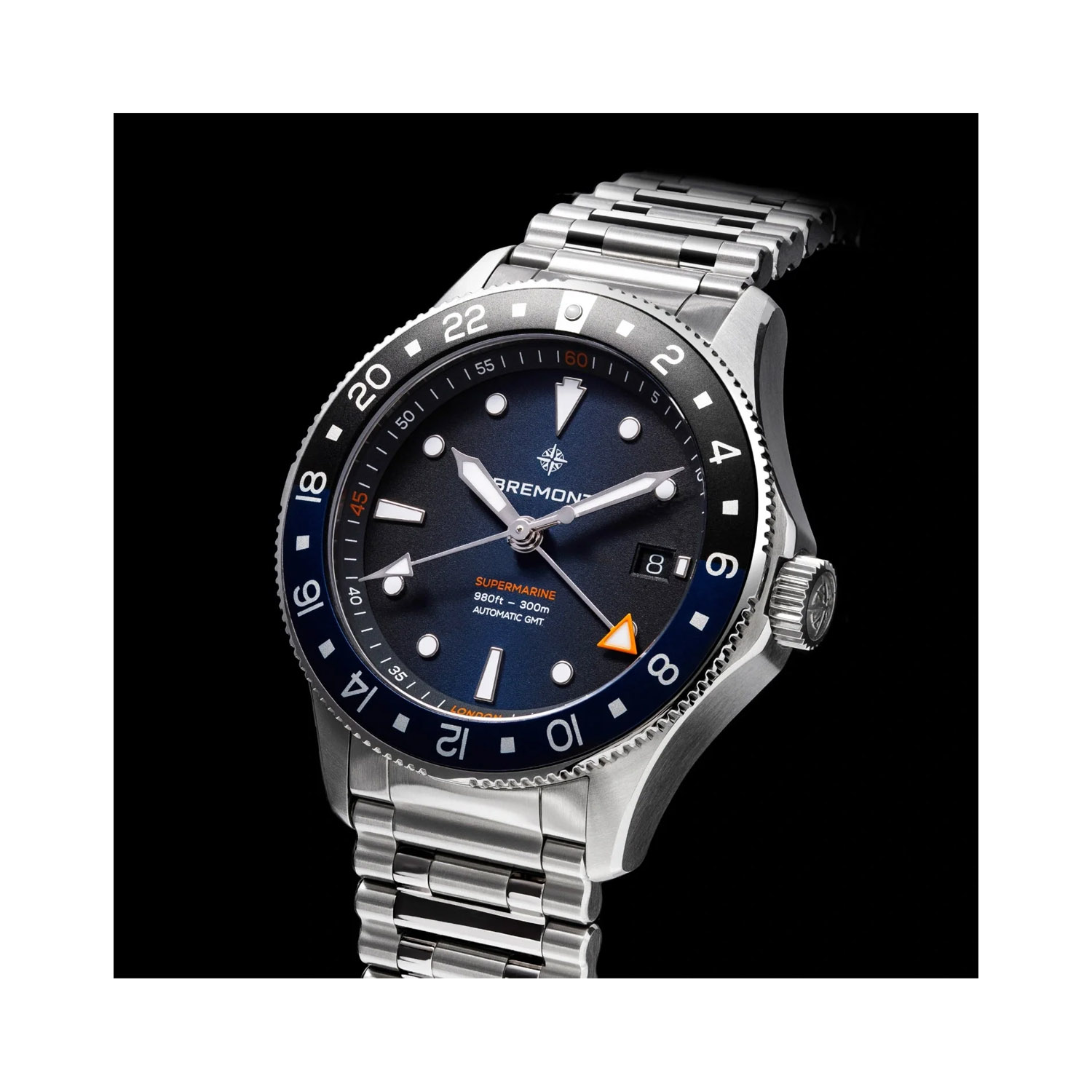 Bremont, Supermarine 300m GMT 'Glacier Blue' Limited Edition, Automatic Men's Watch Bremont, Supermarine 300m GMT 'Glacier Blue' with a 40mm stainless steel case and bracelet strap featuring a date function and a blue dial and bezel.