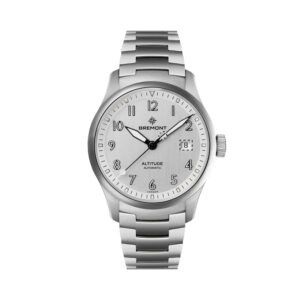 Bremont, Altitude 39 Date with a 39mm stainless steel case and bracelet strap featuring a date function and a silver dial.