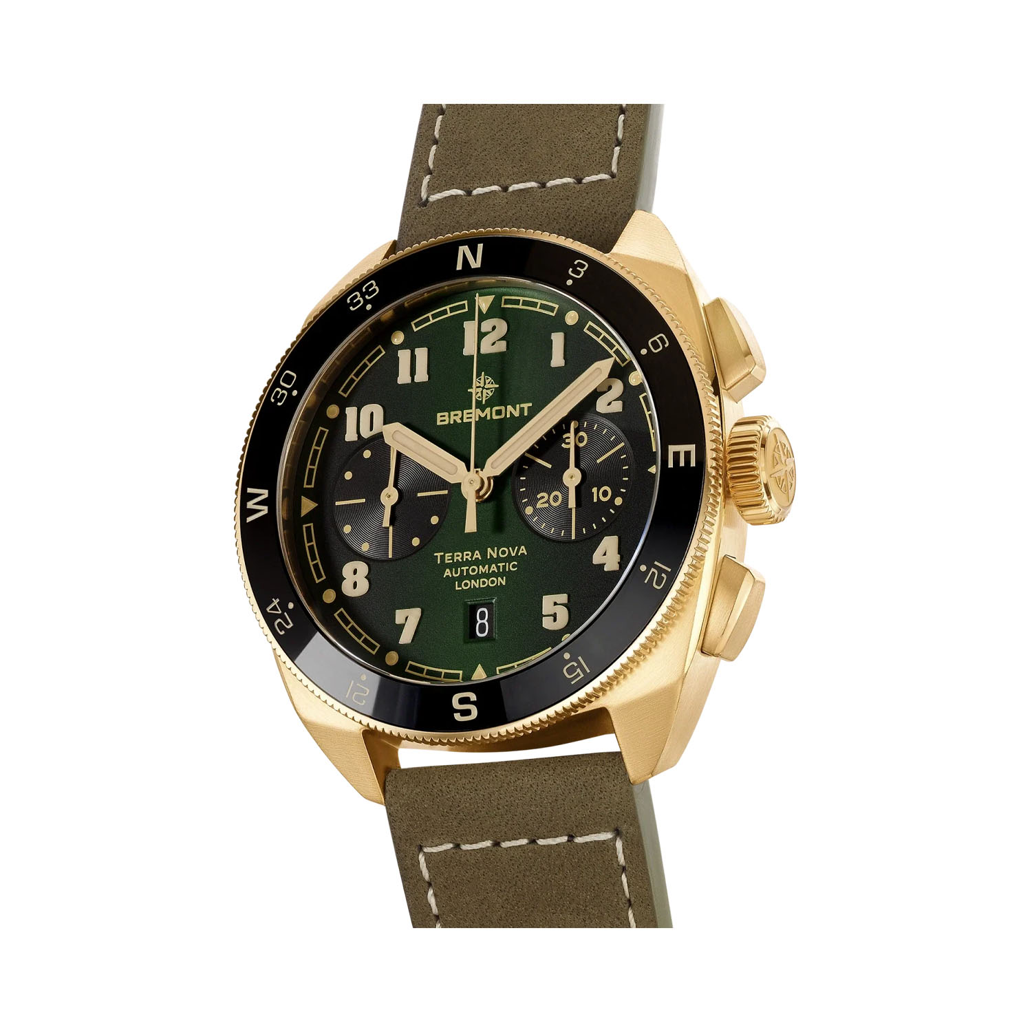 Bremont, Terra Nova 42.5 Chronograph Bronze, Automatic Men's Watch Bremont, Terra Nova 42.5 Chronograph Bronze with a 42.5mm cupro-aluminium bronze caze and a khaki green nubuck leather strap featuring a date function and chronograph on a gradient green dial.
