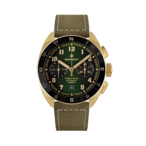 Bremont, Terra Nova 42.5 Chronograph Bronze with a 42.5mm cupro-aluminium bronze caze and a khaki green nubuck leather strap featuring a date function and chronograph on a gradient green dial.