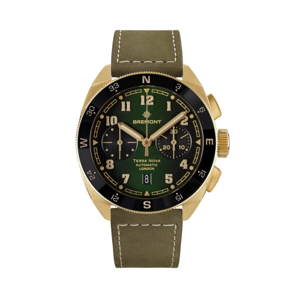 Bremont, Terra Nova 42.5 Chronograph Bronze with a 42.5mm cupro-aluminium bronze caze and a khaki green nubuck leather strap featuring a date function and chronograph on a gradient green dial.