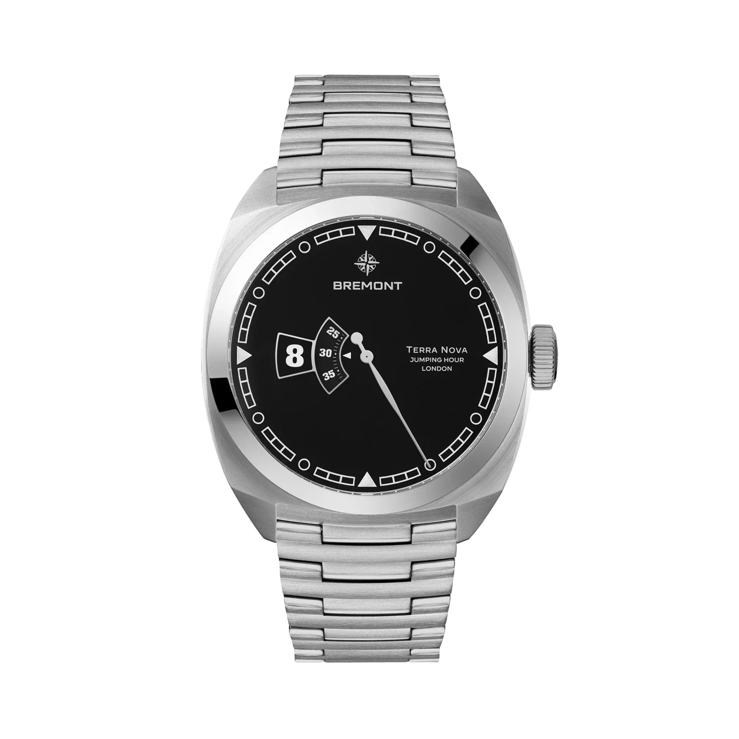 Bremont, Terra Nova 40.5 Jumping Hour with a 40.5mm stainless steel case and bracelet strap featuring an hour and date window and a central running seconds hand on a black dial.