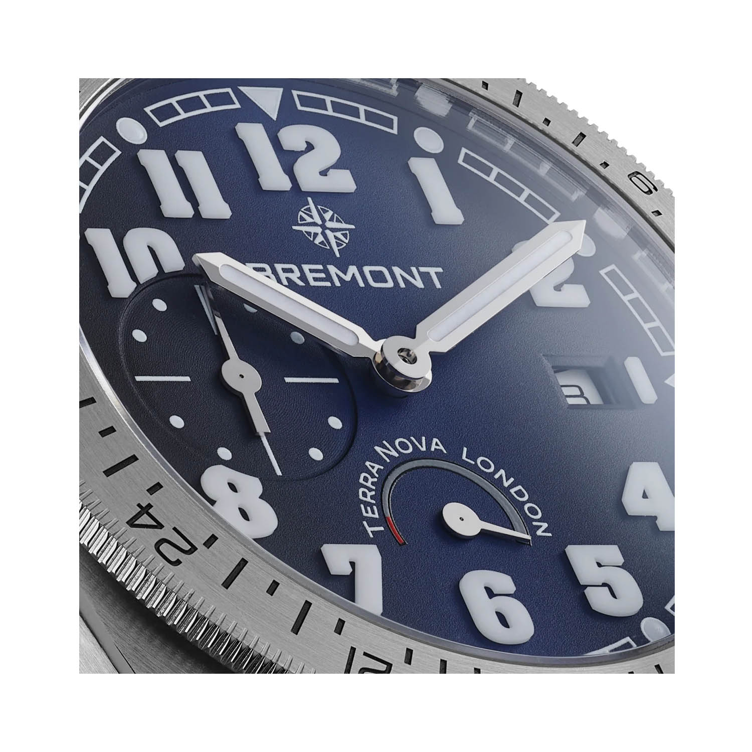 Bremont, Terra Nova 40.5 Turning Bezel with a 40.5mm stainless steel case and bracelet strap featuring a date function and power reserve with a blue dial and steel bezel.