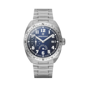 Bremont, Terra Nova 40.5 Turning Bezel with a 40.5mm stainless steel case and bracelet strap featuring a date function and power reserve with a blue dial and steel bezel.