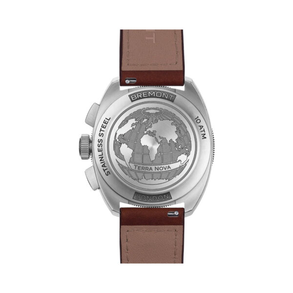 Bremont, Terra Nova Chronograph with a 42.5mm stainless steel case and a brown leather strap featuring a chronograph, date function and a black dial and bezel.