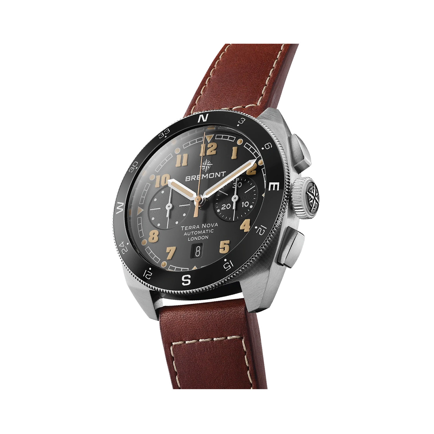 Bremont, Terra Nova 42.5 Chronograph, Automatic Men's Watch Bremont, Terra Nova Chronograph with a 42.5mm stainless steel case and a brown leather strap featuring a chronograph, date function and a black dial and bezel.