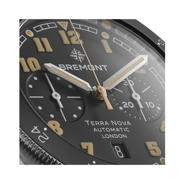 Bremont, Terra Nova Chronograph with a 42.5mm stainless steel case and a brown leather strap featuring a chronograph, date function and a black dial and bezel.