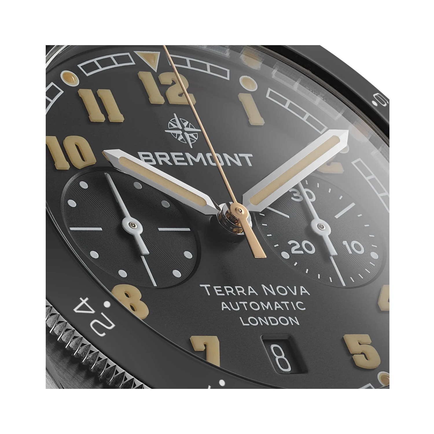 Bremont, Terra Nova 42.5 Chronograph, Automatic Men's Watch Bremont, Terra Nova Chronograph with a 42.5mm stainless steel case and a brown leather strap featuring a chronograph, date function and a black dial and bezel.