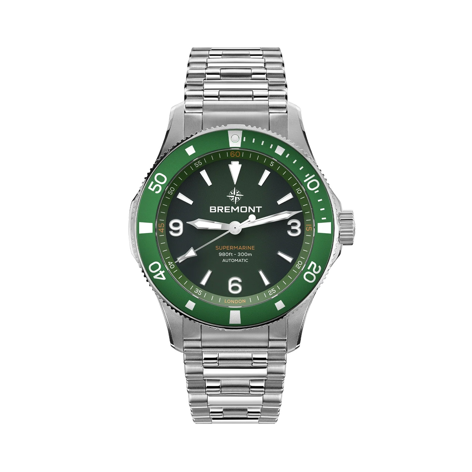 Bremont, Supermarine with a 40mm stainless steel case and bracelet strap featuring a green dial and bezel.