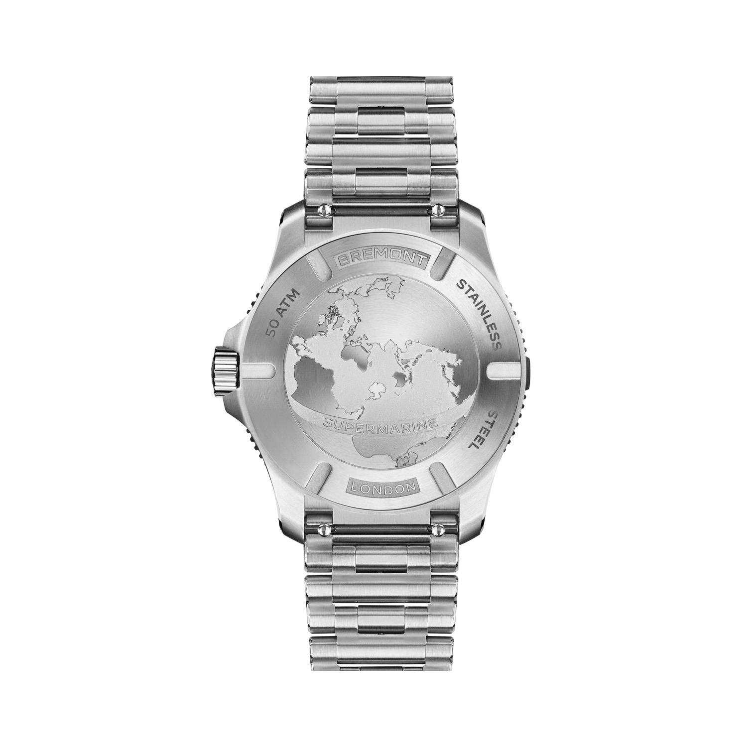 Bremont, Supermarine 500m 'Polar White', Automatic Men's Watch Bremont, Supermarine 500m 'Polar White' with a 43mm stainless steel case and bracelet strap featuring a date function and a white wave patterned dial.