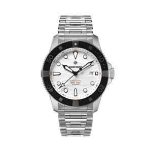Bremont, Supermarine 500m 'Polar White' with a 43mm stainless steel case and bracelet strap featuring a date function and a white wave patterned dial.