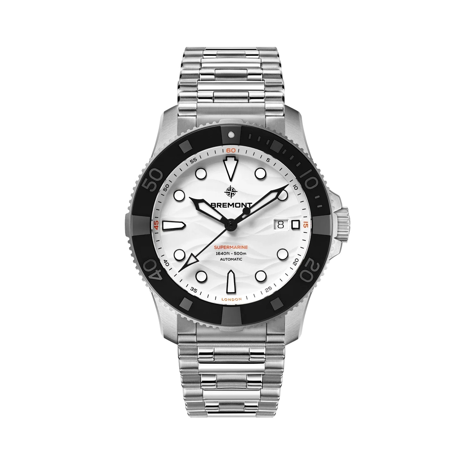 Bremont, Supermarine 500m 'Polar White', Automatic Men's Watch Bremont, Supermarine 500m 'Polar White' with a 43mm stainless steel case and bracelet strap featuring a date function and a white wave patterned dial.