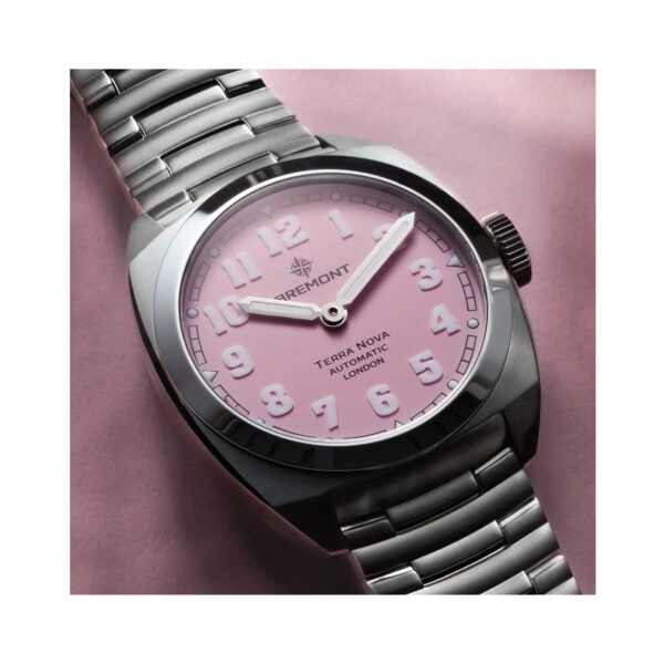 Bremont, Terra Nova Pink Limited Edition with a 38mm stainless steel case and bracelet strap featuring a pink dial.