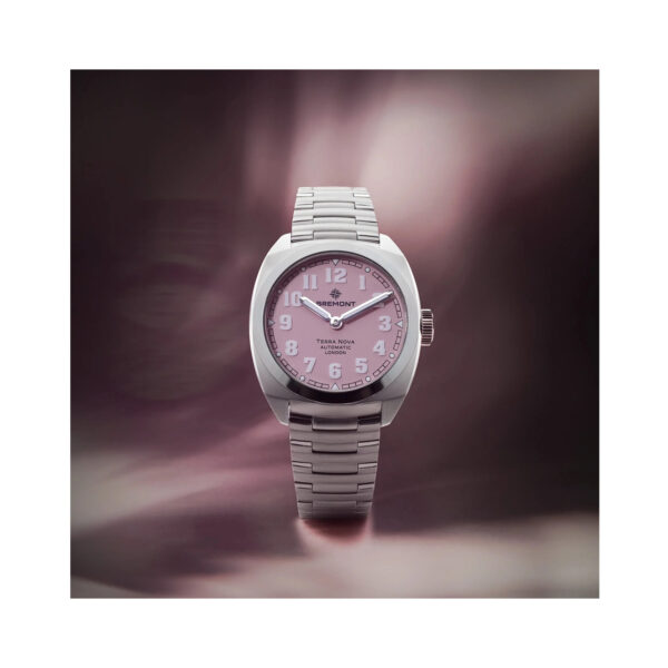 Bremont, Terra Nova Pink Limited Edition with a 38mm stainless steel case and bracelet strap featuring a pink dial.