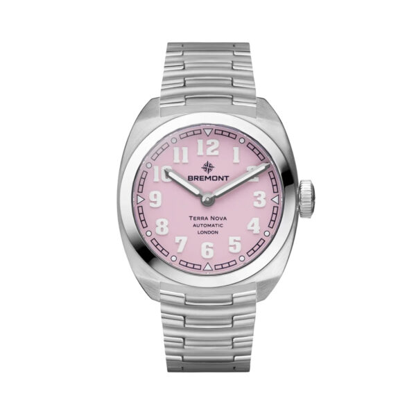 Bremont, Terra Nova Pink Limited Edition with a 38mm stainless steel case and bracelet strap featuring a pink dial.