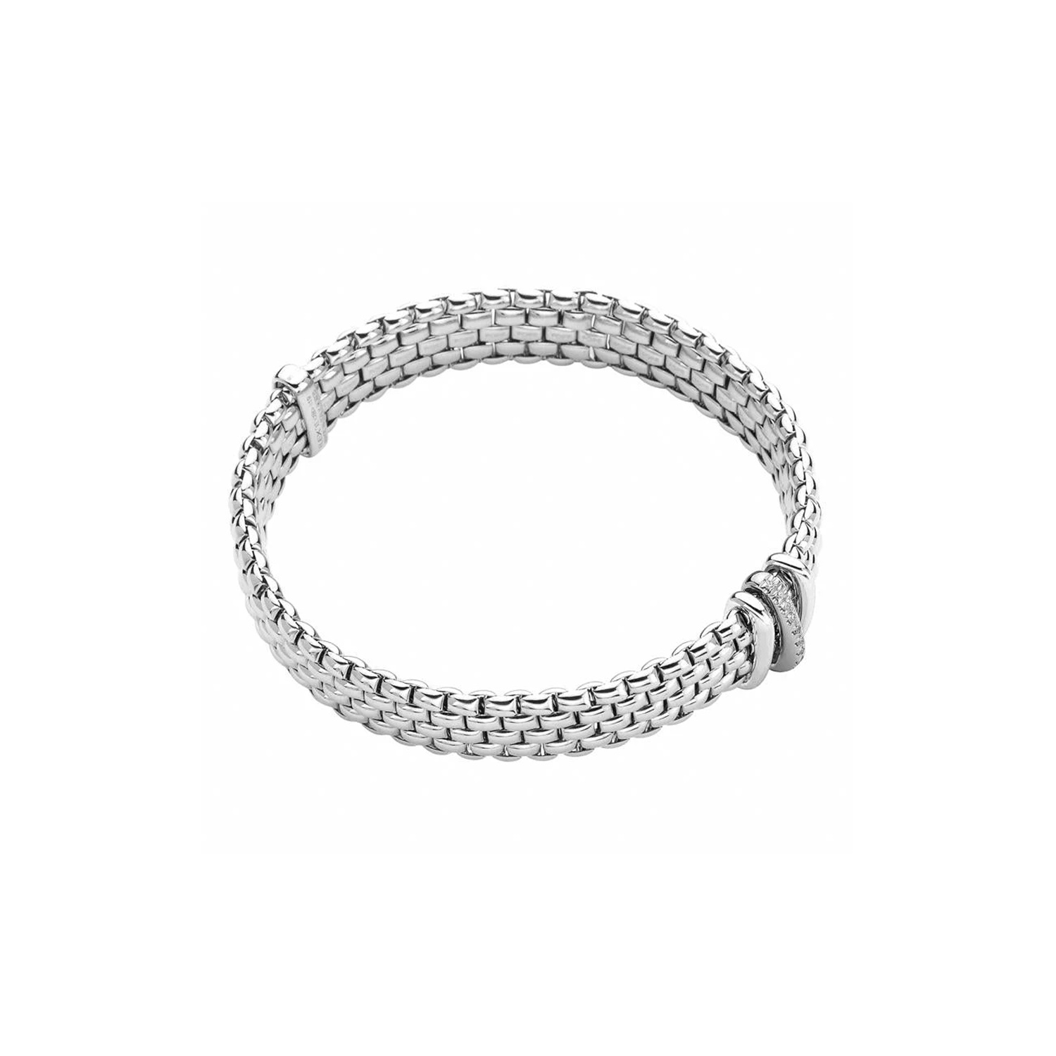 An 18ct white gold Flex'It bracelet with one diamond set white gold rondel and two polished rose gold rondels, belonging to Fope's Panorama collection.