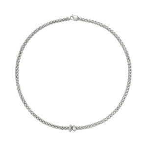 An 18ct white gold Flex'It necklace with two white gold rondels, one set with pave diamonds, belonging to Fope's Solo collection.
