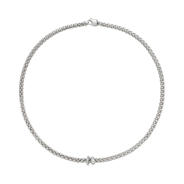 An 18ct white gold Flex'It necklace with two white gold rondels, one set with pave diamonds, belonging to Fope's Solo collection.
