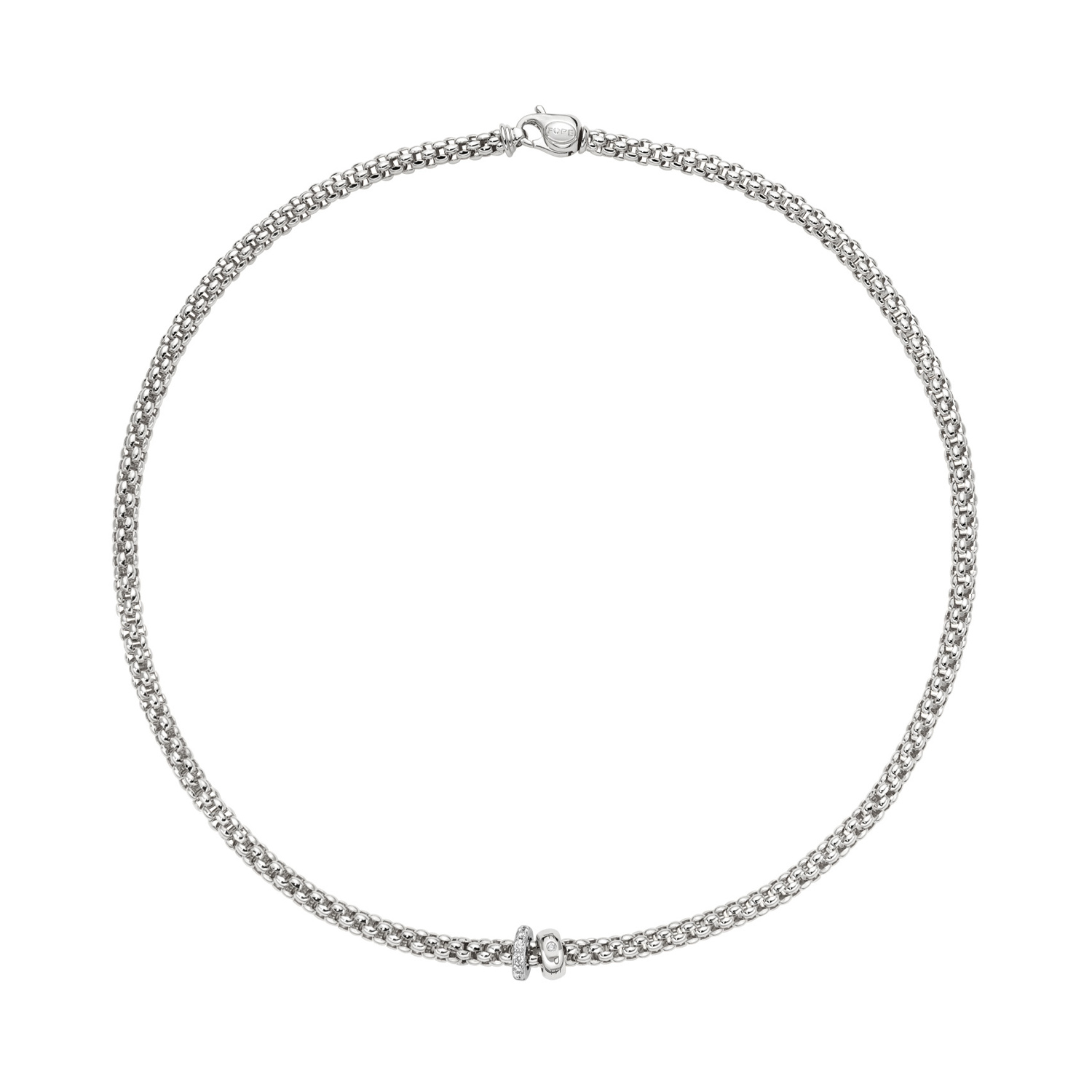 FOPE, Solo Collection, 18ct White Gold Diamond Flex'It Necklace: 0.29 carats An 18ct white gold Flex'It necklace with two white gold rondels, one set with pave diamonds, belonging to Fope's Solo collection.