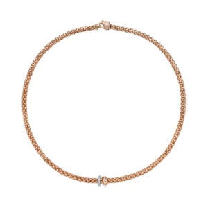 An 18ct rose and white gold Flex'It necklace with two diamond set rondels, one in rose gold and one in white gold, belonging to FOPE's Solo Collection.