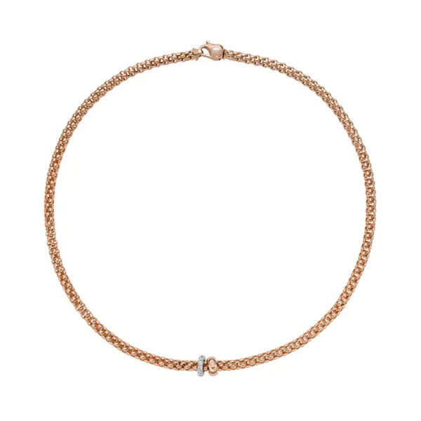 An 18ct rose and white gold Flex'It necklace with two diamond set rondels, one in rose gold and one in white gold, belonging to FOPE's Solo Collection.