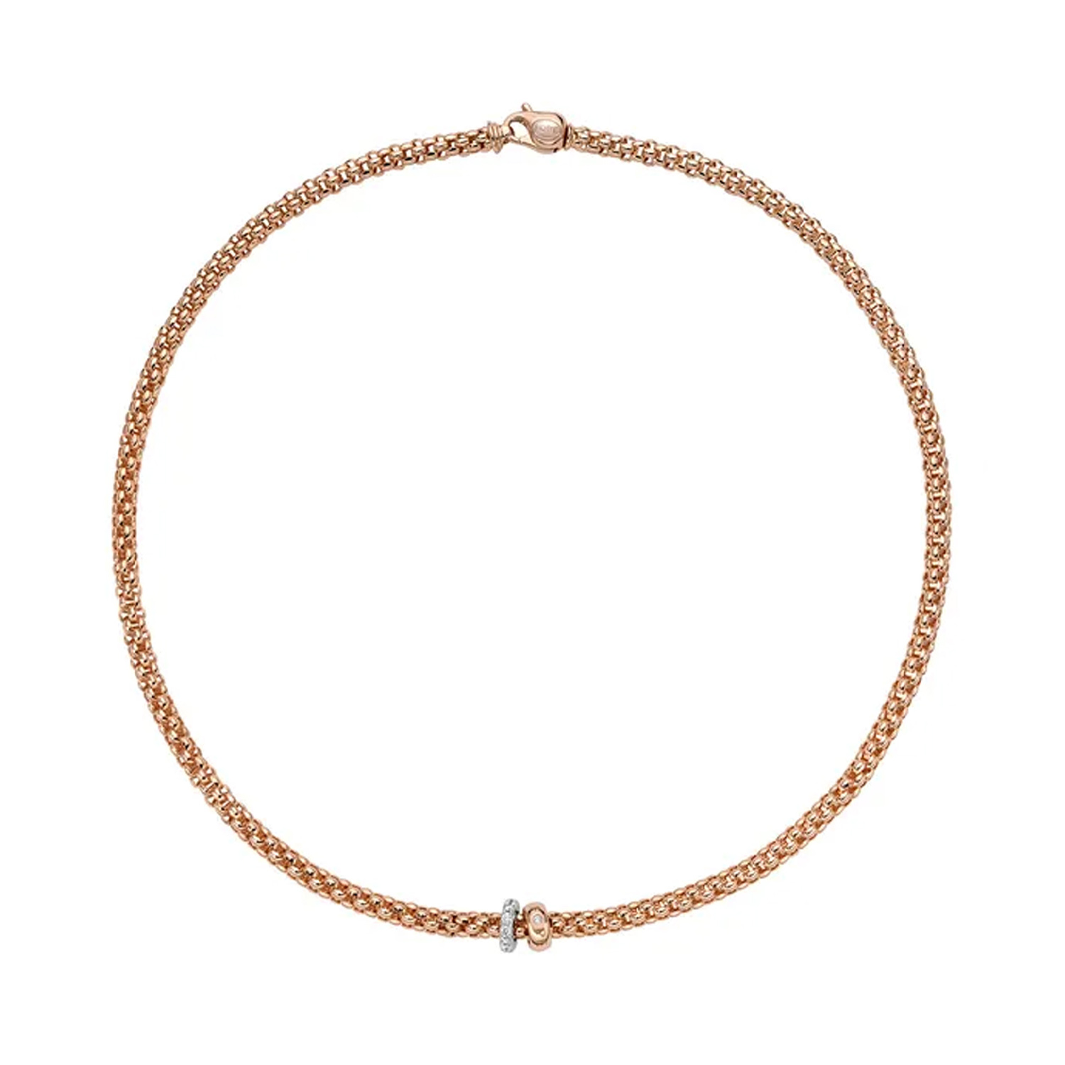 FOPE, Solo Collection, 18ct Rose & White Gold Flex'It Diamond Necklace: 0.29 carats An 18ct rose and white gold Flex'It necklace with two diamond set rondels, one in rose gold and one in white gold, belonging to FOPE's Solo Collection.
